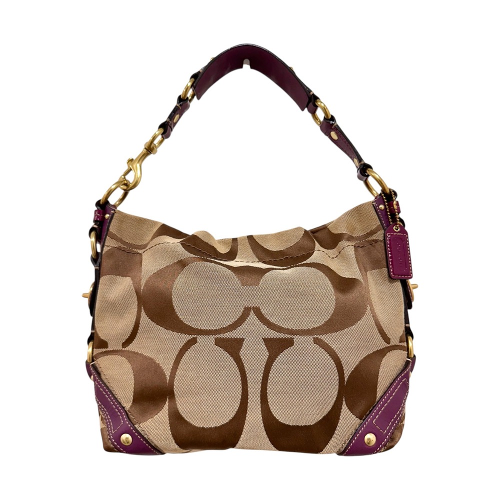 Coach Signature Carly Medium Hobo Brown Jacquard Plum Leather 12871
